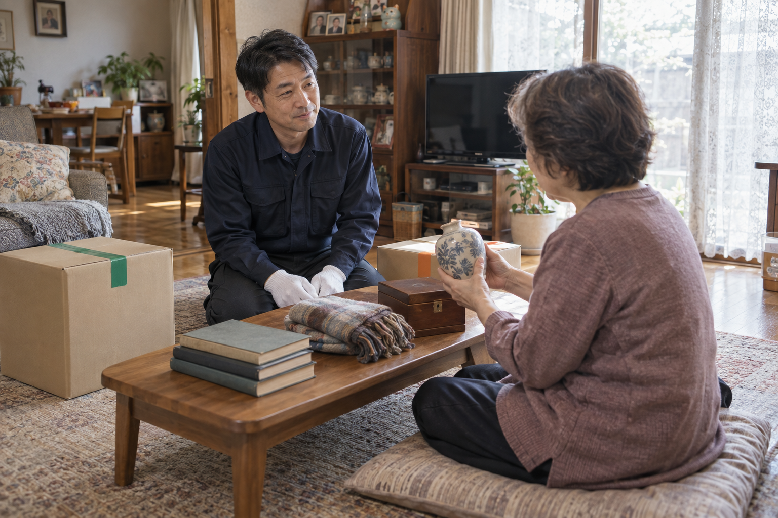 お客様と品物の整理について相談するスタッフ